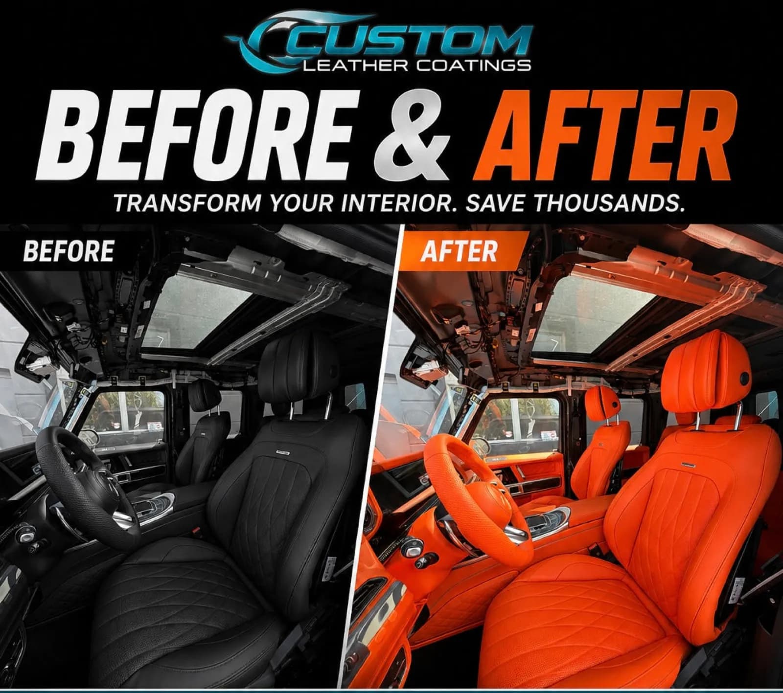 Before and after: black leather SUV interior recolored bright orange