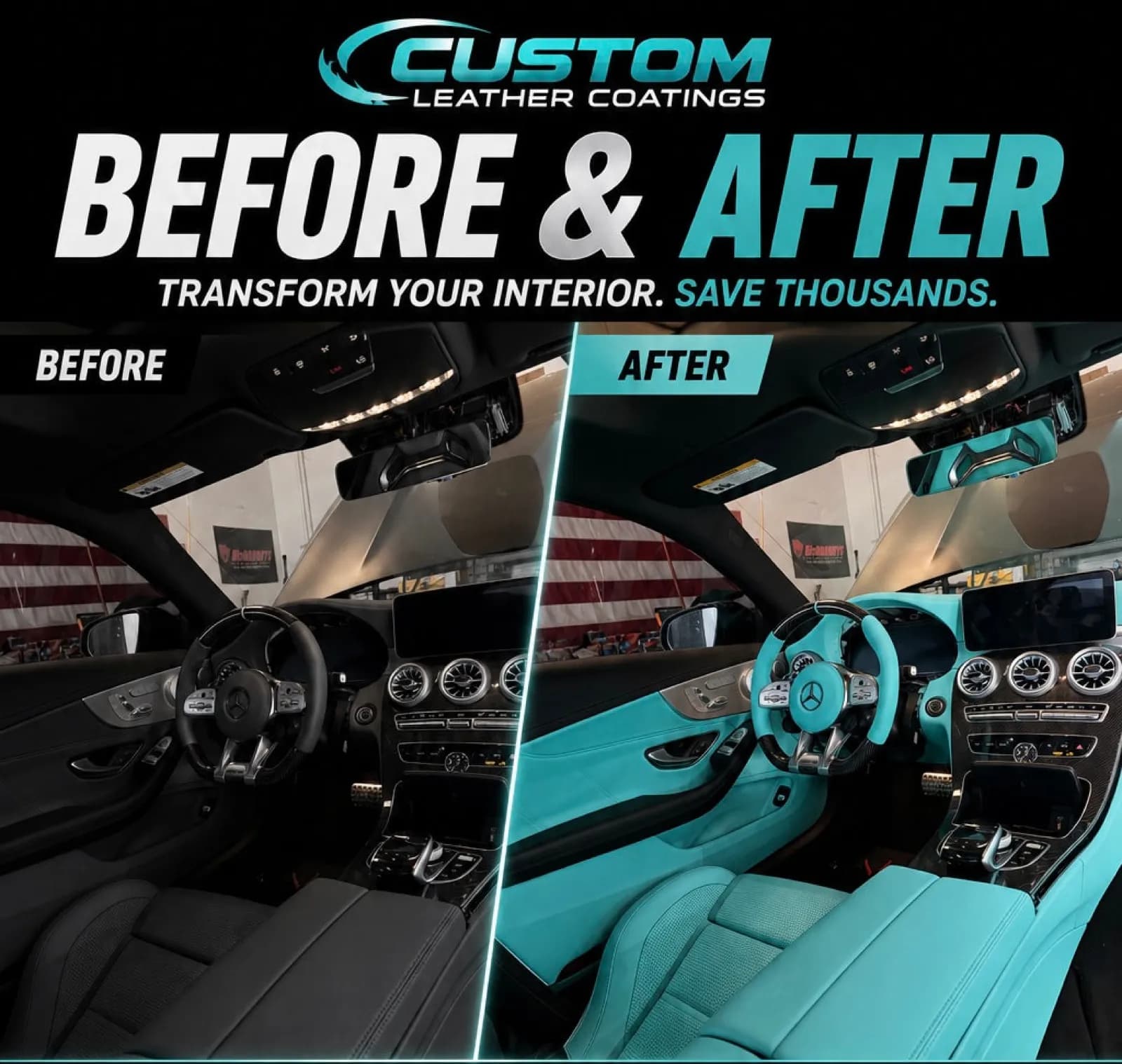 Before and after: black Mercedes interior recolored aqua teal