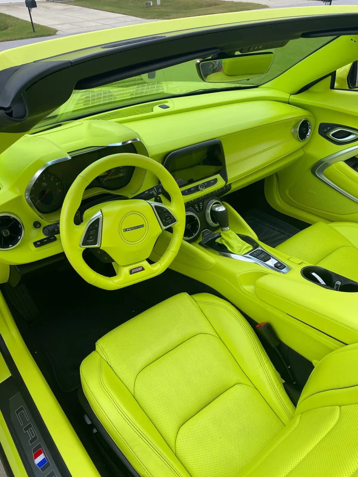 Chevrolet Camaro interior dyed neon lime yellow, seats, dash and steering wheel
