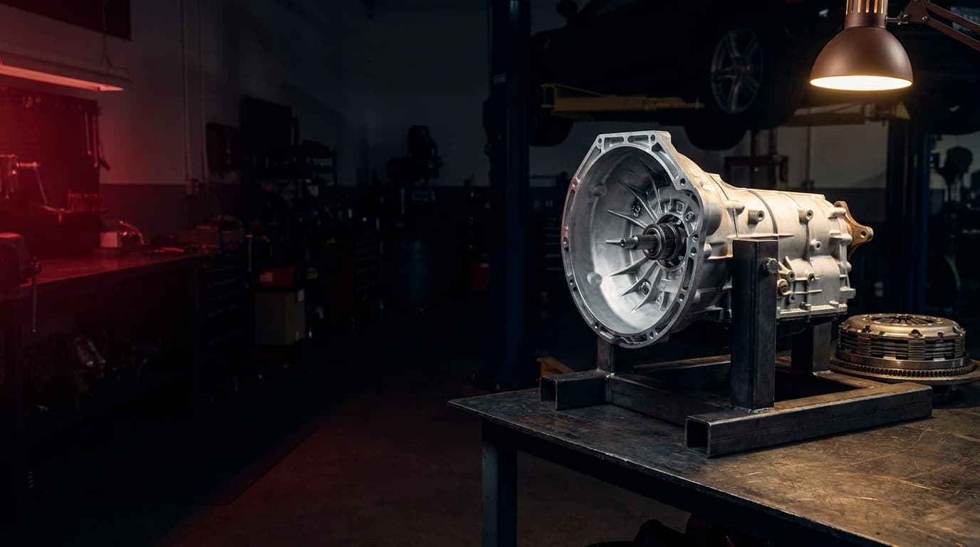 Six-speed transaxle gearbox casing on a workshop stand beside a clutch assembly