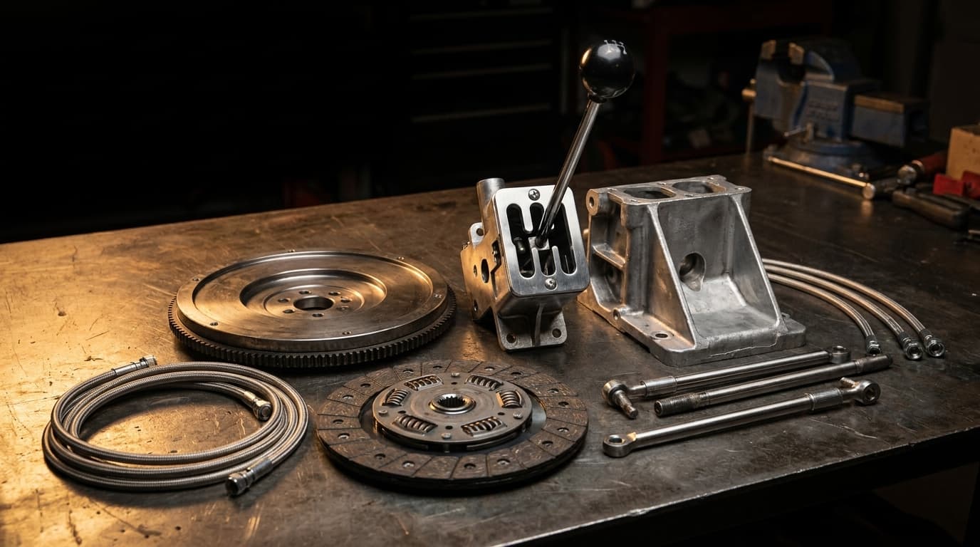 OEM gated conversion hardware laid out on a workbench: gate assembly, clutch pedal box, clutch and flywheel