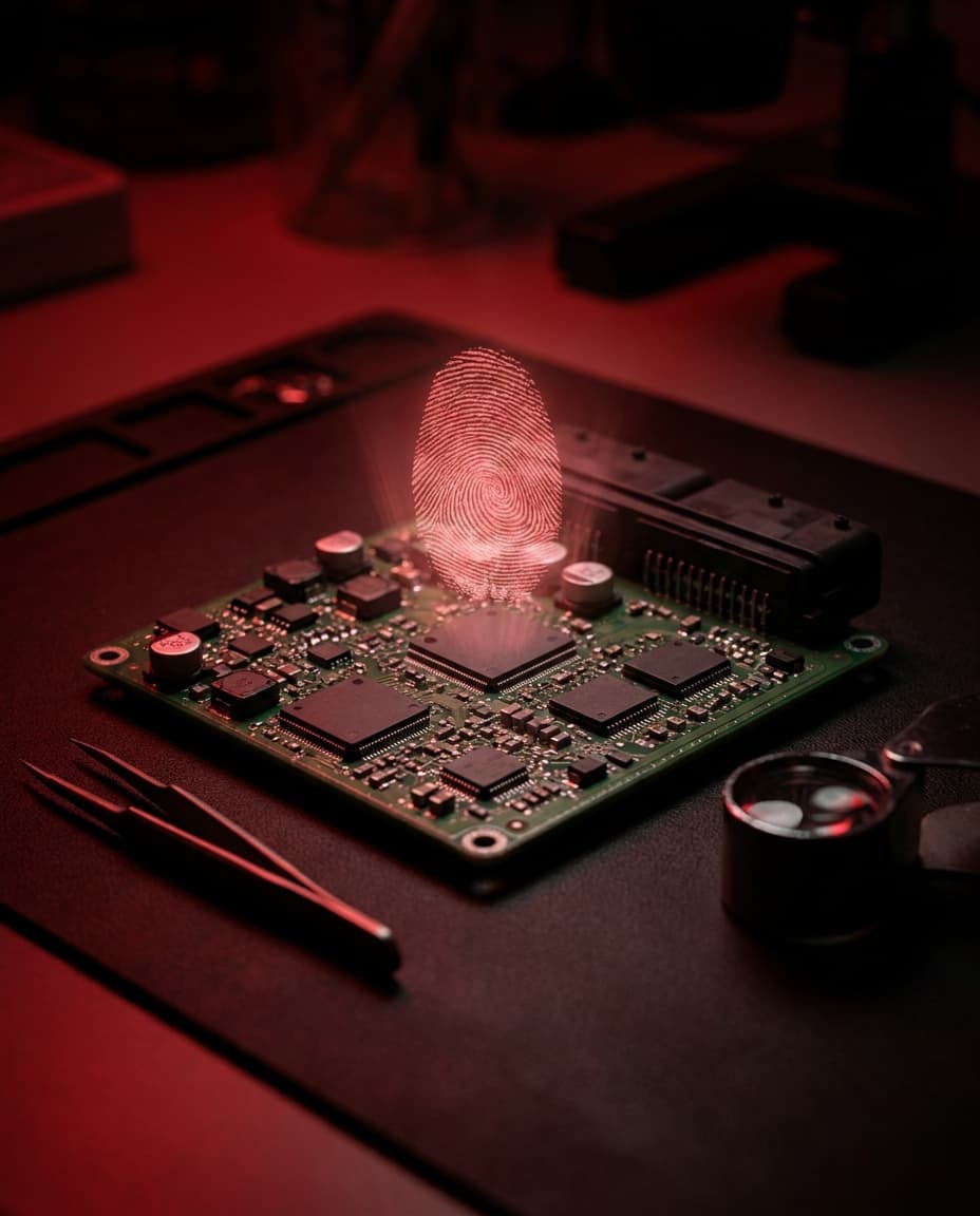 Automotive control unit circuit board under red forensic examination light with a holographic fingerprint above it